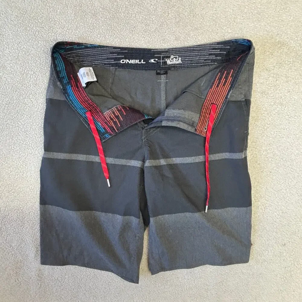 O'Neill x Woolrich Board Shorts 30 Mens Gray Striped Swim Trunks Summer Beach